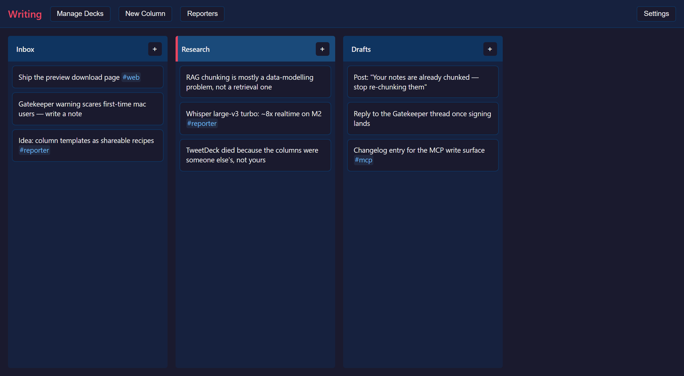 Jot Deck showing a Writing deck with Inbox, Research and Drafts columns of short cards